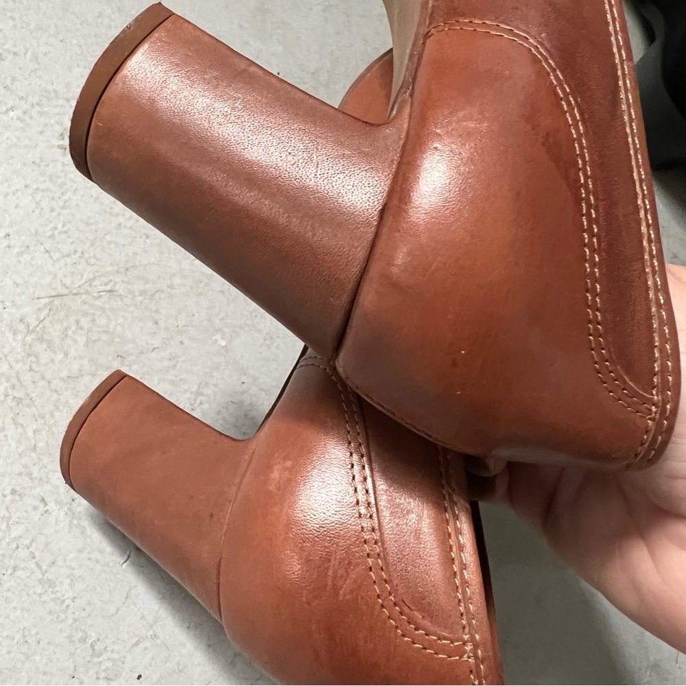 AREZZO Almond Toe Block Heel Leather Penny Loafer in Cognac Brown - Picture 6 of 15